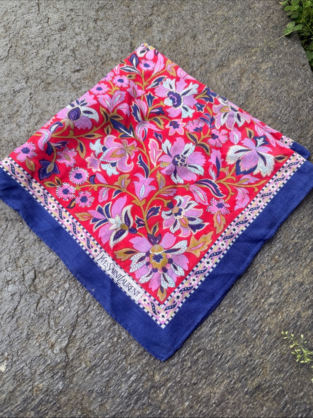Yves Saint Laurent Red Floral Silk Scarf with Navy Border - Picture 9 of 9